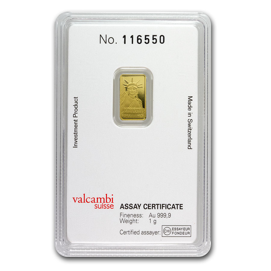 In Assay 2 gram Credit Suisse Statue of Liberty Gold Bar .9999 Fine